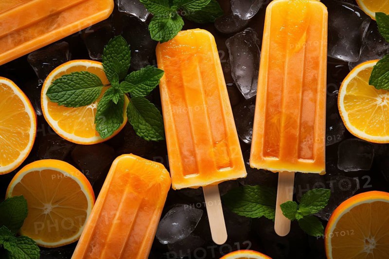 Orange ice popsicles surrounded by orange fuit slices. KI generiert, generiert AI generated