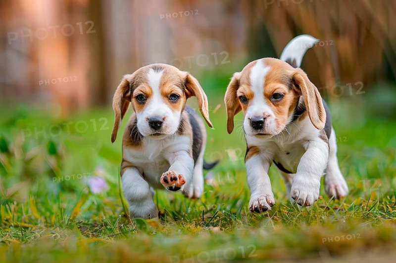 Two cute Beagle pups playing in the grass, AI generated