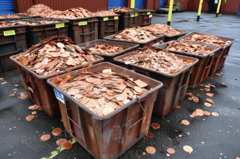 Scrap metal, scrap of stamped copper parts in containers at a scrap yard, recycling company for metal utilisation, AI generated, AI generated, AI generated