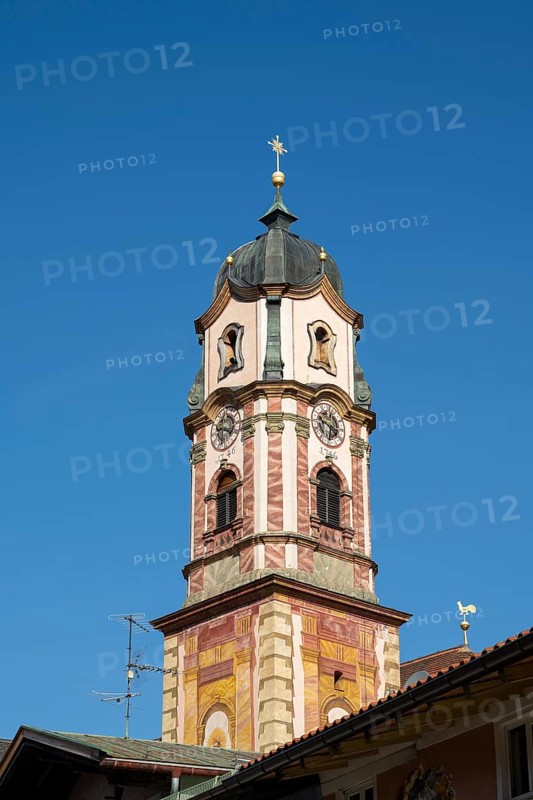 Church tower, Church of St Peter and Paul, Mittenwald, Werdenfelser Land, Upper Bavaria, Bavaria, Germany, Europe