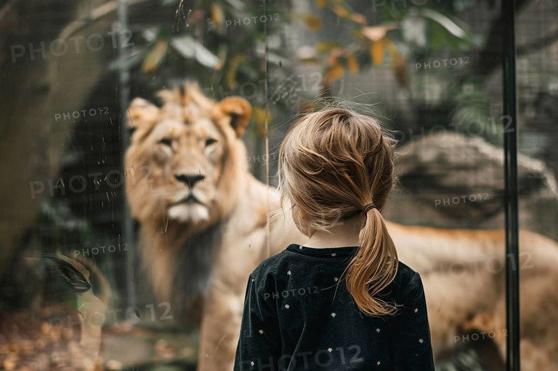 Back view of young girl child watching lion in zoo behind glass. Generative AI, AI generated