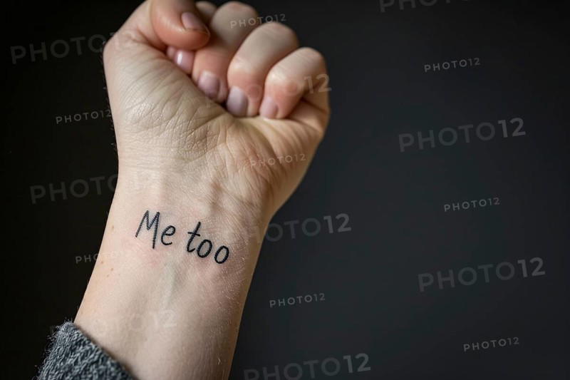 Close up of tattoo with text 'Me too' on woman's wrist. Generative AI, AI generated