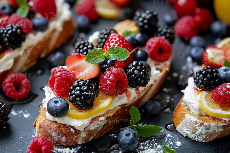Slice of bread with ricotta cheese, berry fruits, lemon and honey. Generative AI, AI generated