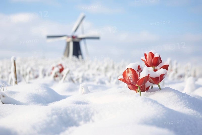 Red tulip spring flowers covered in snow with blurry traditional Dutch windmill in background. KI generiert, generiert AI generated