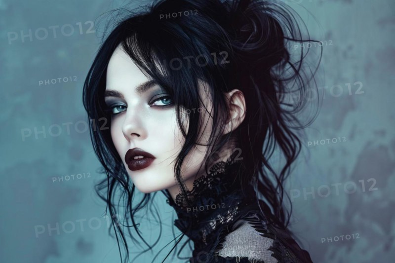 Young woman in gothic style in front of blue studio background. KI generiert, generiert, AI generated