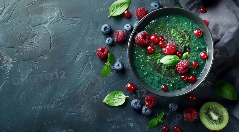 Flat lay view of acai bowl smoothie and Spirulina algae with berries. Healthy diet, AI generated