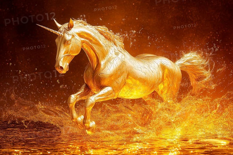 Mythical golden unicorn galloping in golden water, AI generated