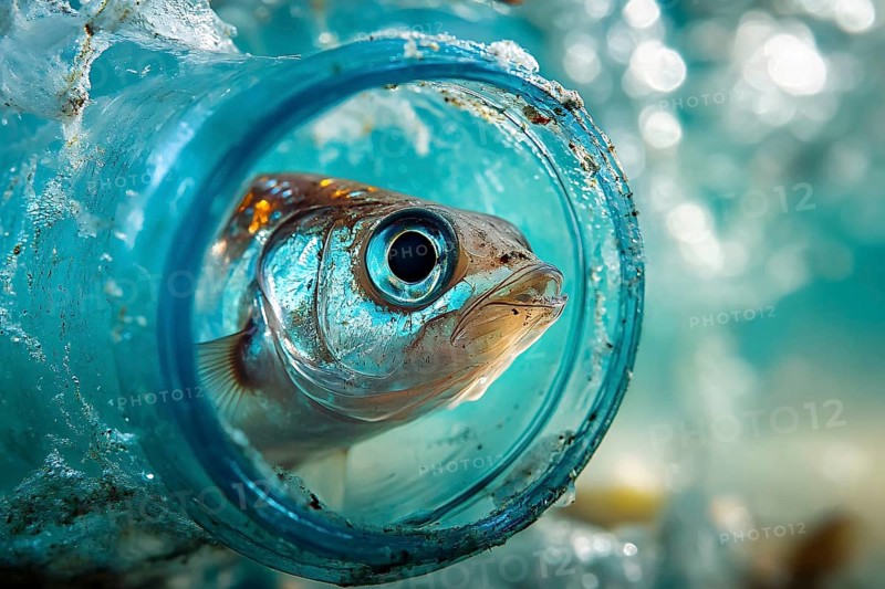 Close up of small fish in plastic bottle waste in ocean or river. Generative AI, AI generated