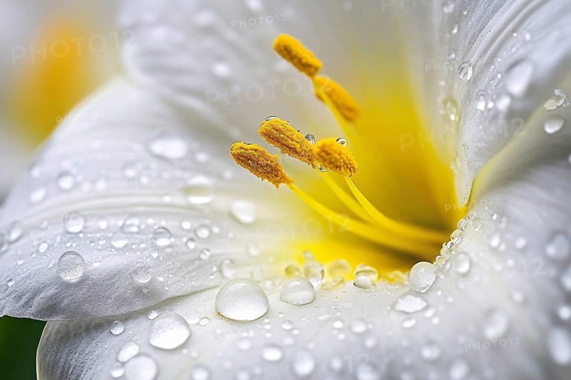 Close up of stigma inside white Daffodil or Narcissus flower with water drops. Generative AI, AI generated