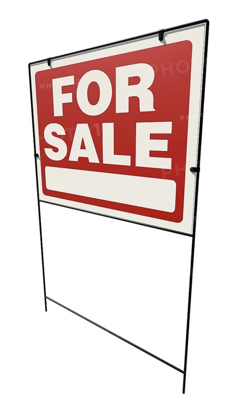 Left facing for sale real estate yard sign isolated on a white background