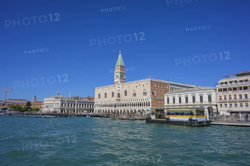 Vaporetto landing stage S Zaccaria behind St Mark's Square tower and Palazzo Ducale, Venice, Metropolitan City of Venice, Italy, Europe