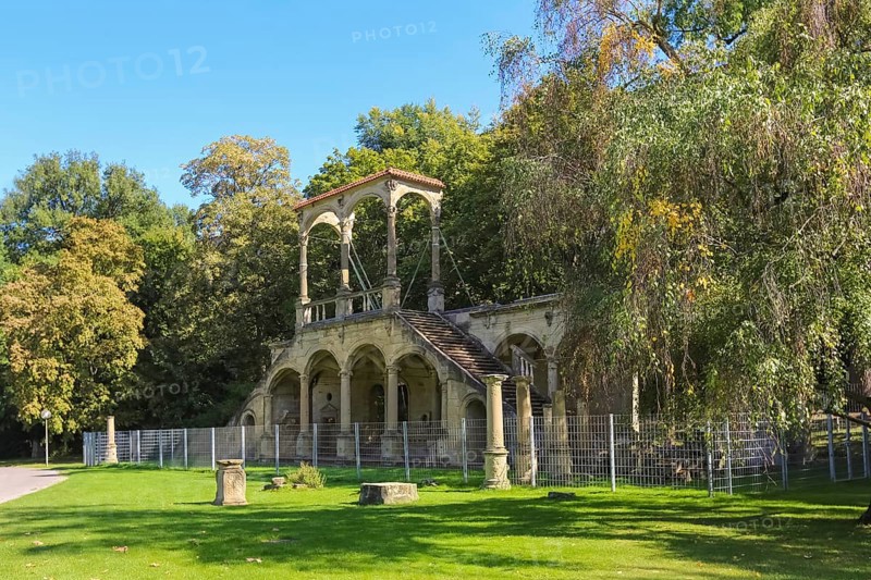 Lusthausruine Stuttgart in the middle palace garden, palace park, staircase of the former Renaissance building built by Georg Beer in the 16th century, Renaissance architecture, ruin of a magnificent building, fence, fenced, state capital, Stuttgart, Baden-Württemberg, Germany, Europe