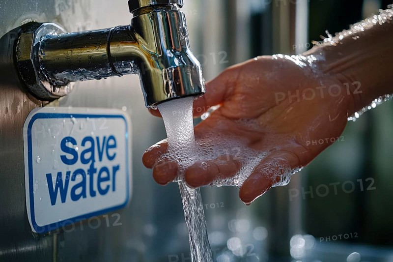 Cupped hands catching water from water tab with sign 'Save water'. Generative AI, AI generated