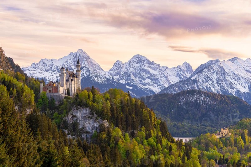 Neuschwanstein Castle near Füssen, Hohenschwangau Castle, evening mood, Schwangau, Allgäu Alps, snow, East Allgäu, Bavaria, Germany, Europe