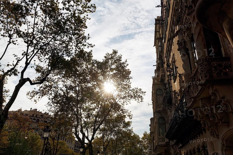 Artfully decorated façade, backlight, rays of sunlight in autumn, Casa Amatller, Passeig de Gracia, Barcelona, Spain, Europe