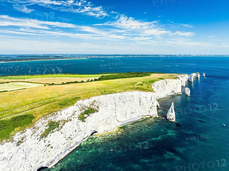 White Cliffs of Old Harry Rocks Jurassic Coast from a drone, Dorset Coast, Poole, England, United Kingdom, Europe