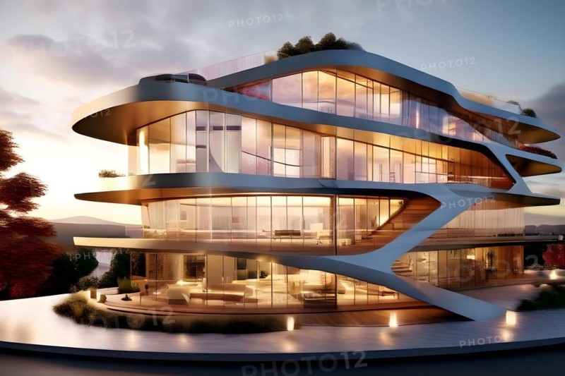 KI generated architectural structure melding computer aided design illustrations with genuine photoelements, AI generated