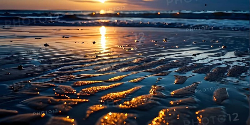 Sunset mood on a whispering tranquil costal landscape with sandy beach, AI generated