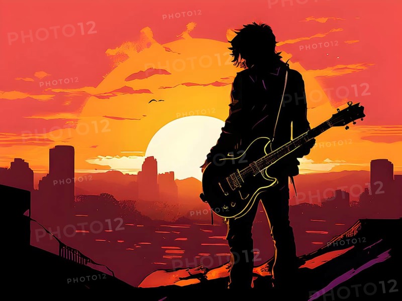 Illustration of a rock star silhouette clutching guitar against abstract urban skyline morphing into sunset, AI generated