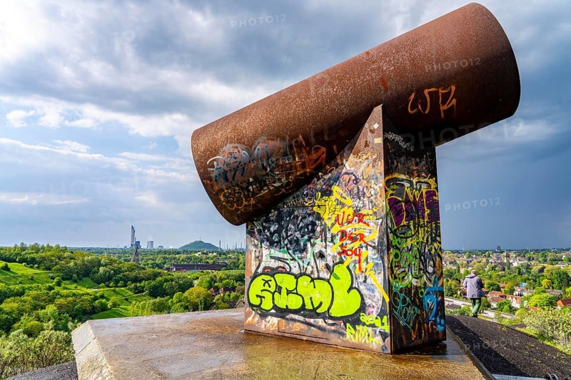 Rungenberg spoil tip in the Buer district, Night Sign light installation, Gelsenkirchen, North Rhine-Westphalia, Germany, Europe