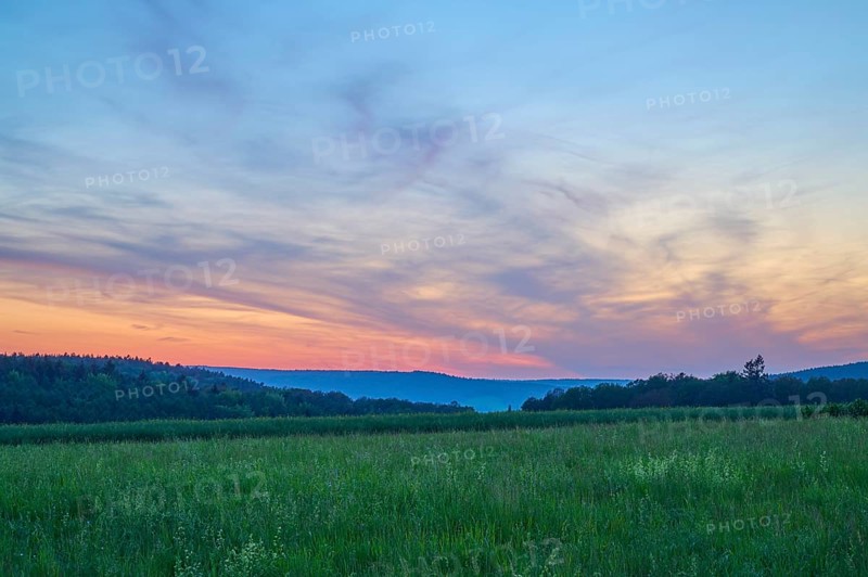 Green field with trees in the background under a dramatically illuminated sunset, the sky is bathed in orange and blue tones, summer, Mönchberg, Mltenberg, Spessart, Bavaria, Germany, Europe