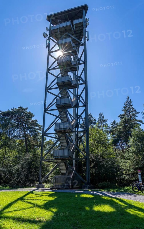Fire watch tower on the Rennberg, near Flaesheim, Haltern am See, in the Haard forest area, one of 3 fire watch towers in the region, manned from April to October in dry weather conditions, part of the fire monitoring system, North Rhine-Westphalia, Germany, Europe