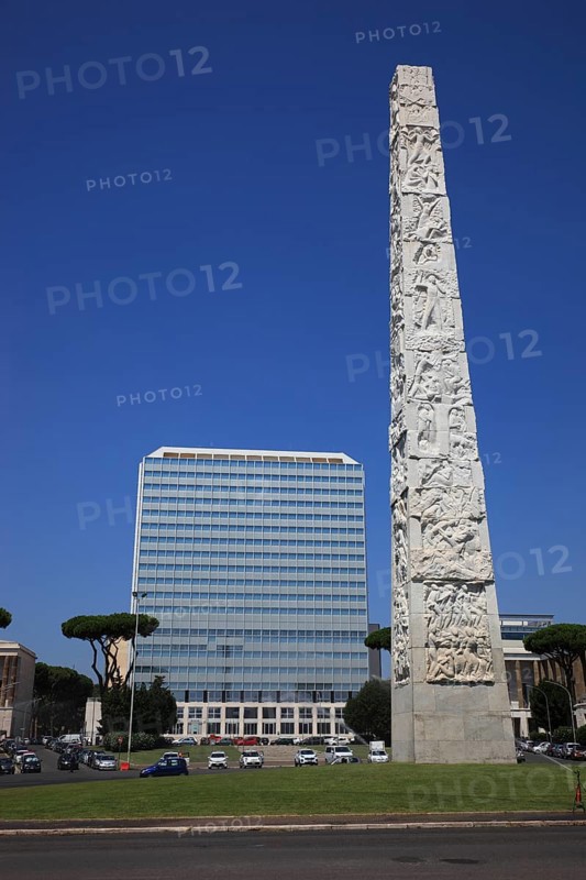 Piazza Guglielmo Marconi and Obelisco di Marconi stele and Unogas Energia Spa building, Esposizione Universale di Roma, Universal Exposition of Rome, EUR, Italy, Europe