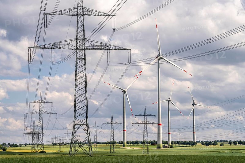 Wind farm north-east of Marsberg, Hochsauerlandkreis, high-voltage line, electricity pylons, North Rhine-Westphalia, Germany, Europe