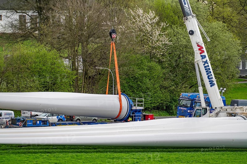 Preparation for the transport of a 68 metre long blade, a wind turbine, with a self-propelled Blade-Lifter vehicle, over a 40 km long route in the Bergisches Land, through towns, villages, over country roads, narrow through roads, to the construction site of the wind turbine near Hagen, North Rhine-Westphalia, Germany, Europe