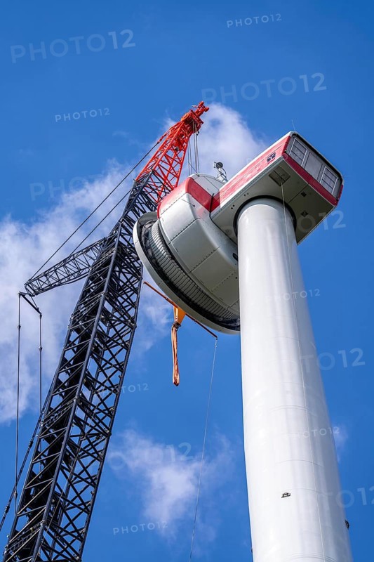 Erection of a wind turbine, wind energy plant, assembly of the ring generator, with a crawler lattice crane, wind farm near Hagen, North Rhine-Westphalia, Germany, Europe