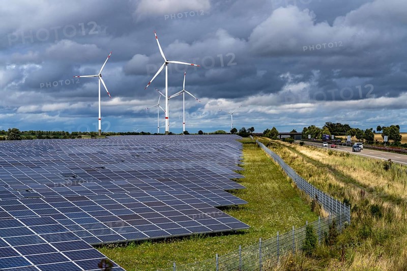 Solar park and wind farm near Morschheim, part of the municipality of Kirchheimbolanden, Rhineland-Palatinate, Germany, Europe