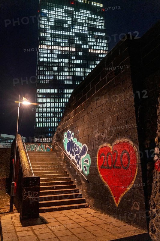 Stairs from the banks of the Main, Weseler Werft to Eyssenstraße at the building of the European Central Bank, ECB, graffiti with heart in Frankfurt am Main, illuminated windows, offices, Hesse, Germany, Europe