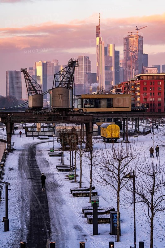 The skyline of Frankfurt am Main, skyscrapers of the banking district, historic harbour cranes at the Wesel shipyard, wintry morning, Hesse, Germany, Europe