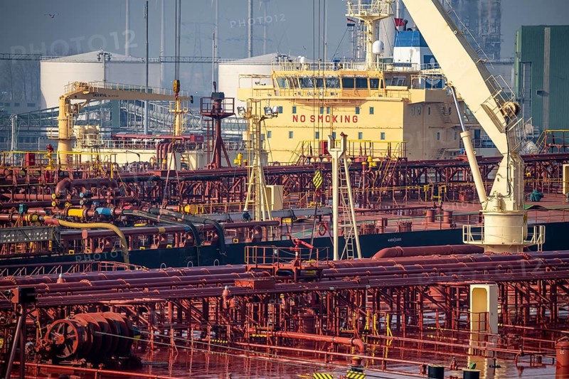 The crude oil tanker HOJO, in the seaport of Rotterdam, in the petroleum harbour, Europoort, deck superstructures, pipelines, Rotterdam, Netherlands