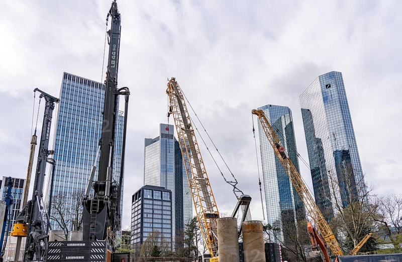Construction site of the Central Business Tower on Neue Mainzer Strasse in Frankfurt am Main, will be 205 metres high with 52 floors, office building, behind the towers of Deutsche Bank in Westend, Hesse, Germany, Europe