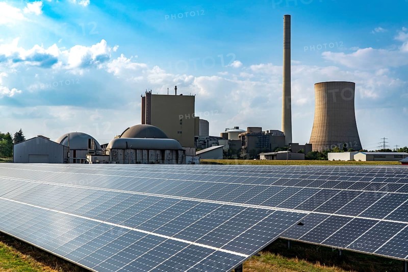 The Heyden power plant, coal-fired power plant, which was shut down in July 2021 and kept as a grid reserve and will be temporarily reconnected to the grid at the end of August 2022 as part of the energy crisis, photovoltaic system and biogas plant in the neighbourhood, Petershagen, North Rhine-Westphalia, Germany, Europe