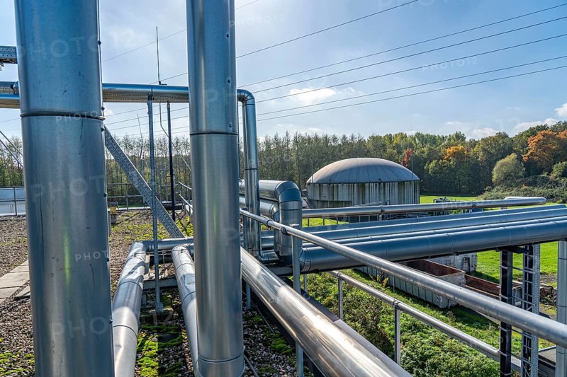 Biogas storage, pipelines of the Reterra biogas plant, biogas is produced in a fermenter over a period of more than 18 days from organic waste, green waste and the contents of the organic waste bin from households, this is then purified in a biogas treatment plant and fed into the natural gas grid as pure biogas, supplying over 1500 households with heat every year, Coesfeld, North Rhine-Westphalia, Germany, Europe