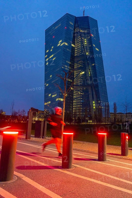 Building of the European Central Bank, ECB, on the Main in Frankfurt, barrier bollards on the banks of the Main, Hesse, Germany, Europe