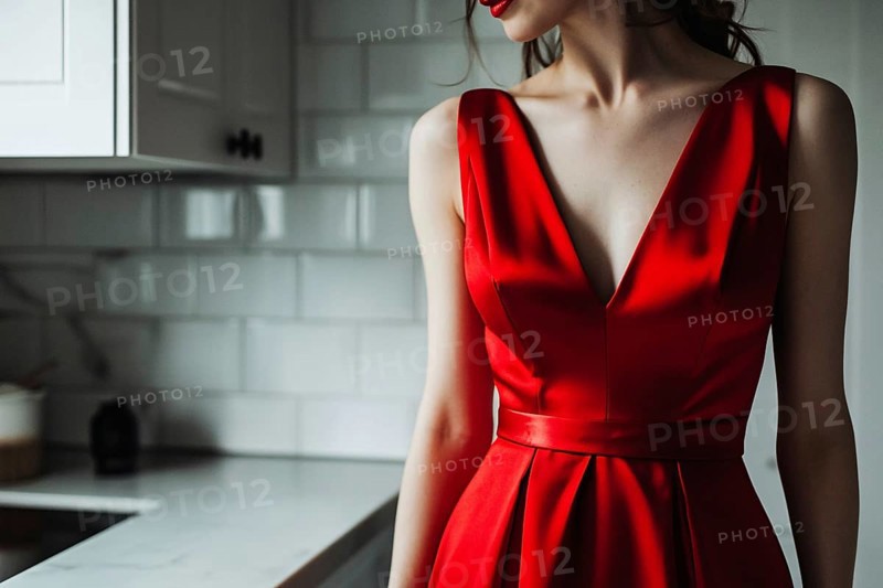 Trad wife concept showing woman in elegant red dress in kitchen. Generative AI, AI generated