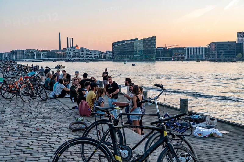 Summer evening in Copenhagen, at the harbour, Islands Brygge, people celebrating, eating, drinking, relaxing at the harbour shore, Denmark, Europe
