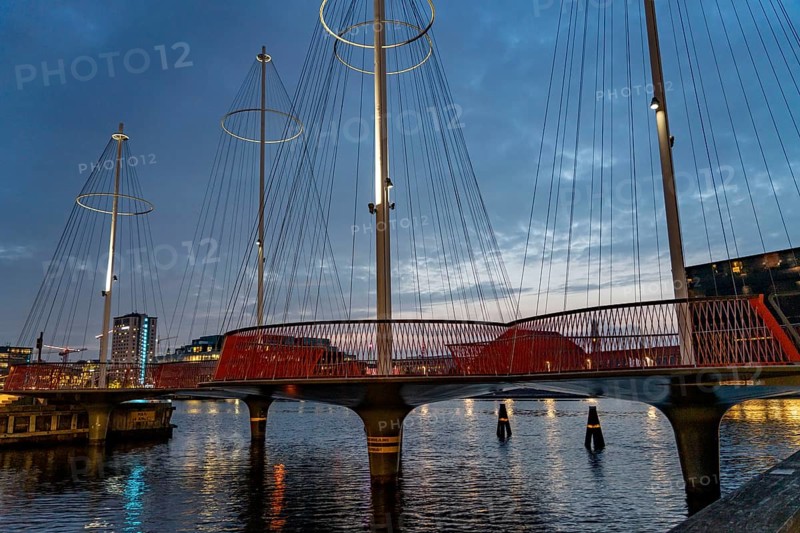 Cyclists on the Cirkelbroen cycle and pedestrian bridge, over the harbour, in the Christianshavens district, Copenhagen is considered the cycling capital of the world, 45 % of the population travel by bike, Denmark, Europe