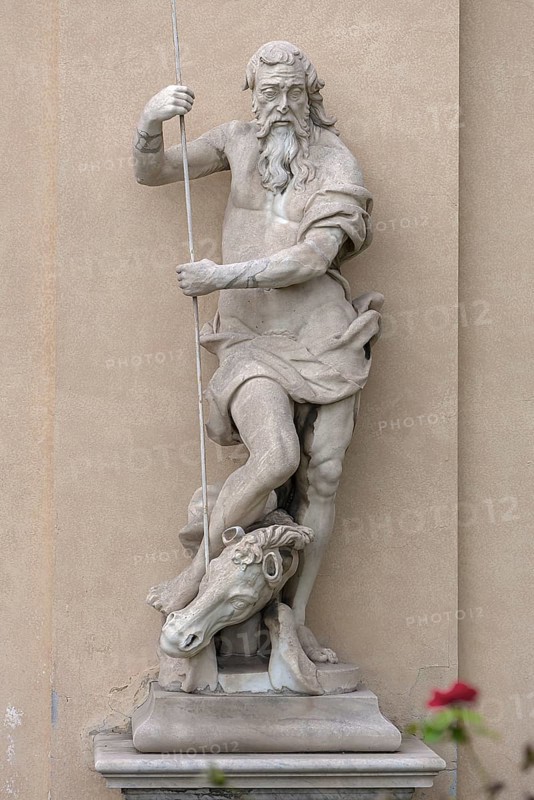 Sculpture of St Goerg with the dragon, in the garden of the Palazzo Reale, Via Balbi, 10, Genoa, Italy, Europe