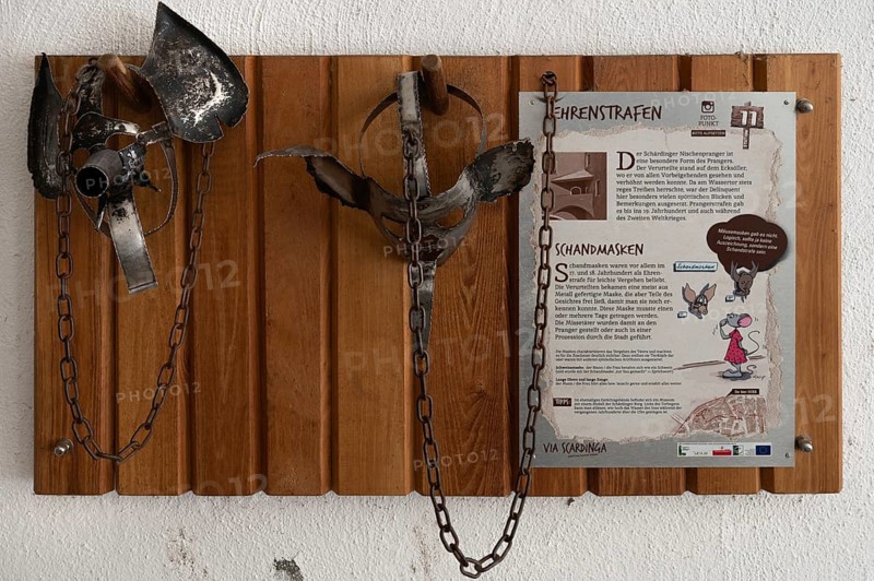 Objects for pillory and honour punishments in the 18th century, on a plaque at the town museum, Schärding, Lower Austria, Austria, Europe