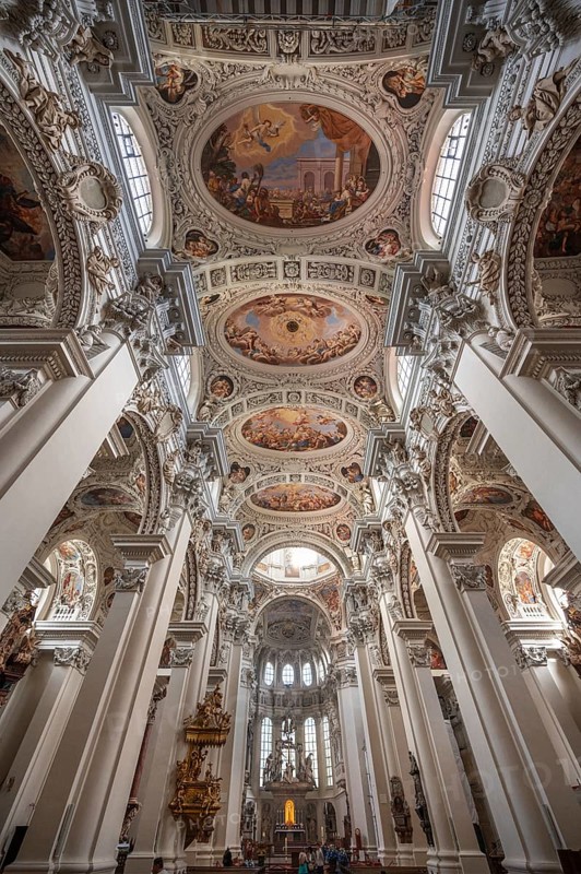 Interior with baroque stucco and ceiling fresco created in the 17th century, Passau Cathedral, Passau, Lower Bavaria, Bavaria, Germany, Europe