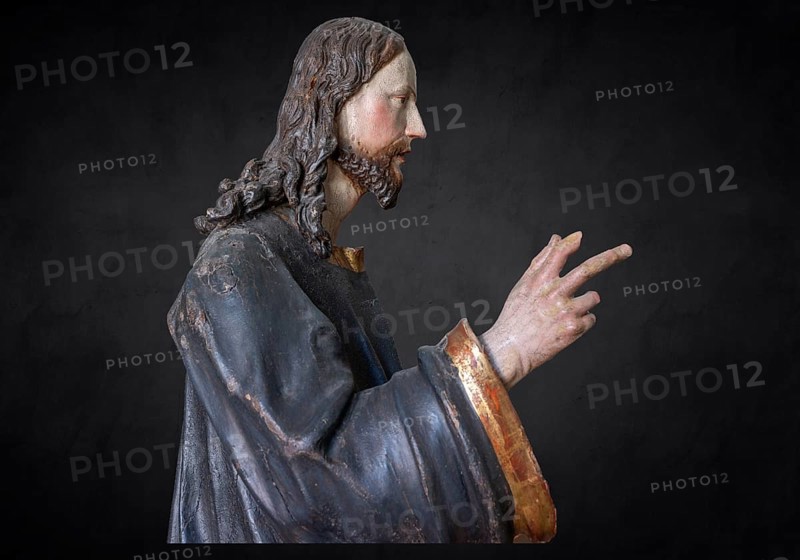 Christ on the palm donkey, wooden figure from around 1880, on a dark background, Dominican convent in Wettenhausen, Swabia, Bavaria, Germany, Europe