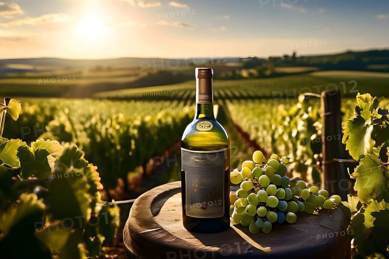 Aged bottle of wine glowing under the low sun with a vineyard in the background, AI generated