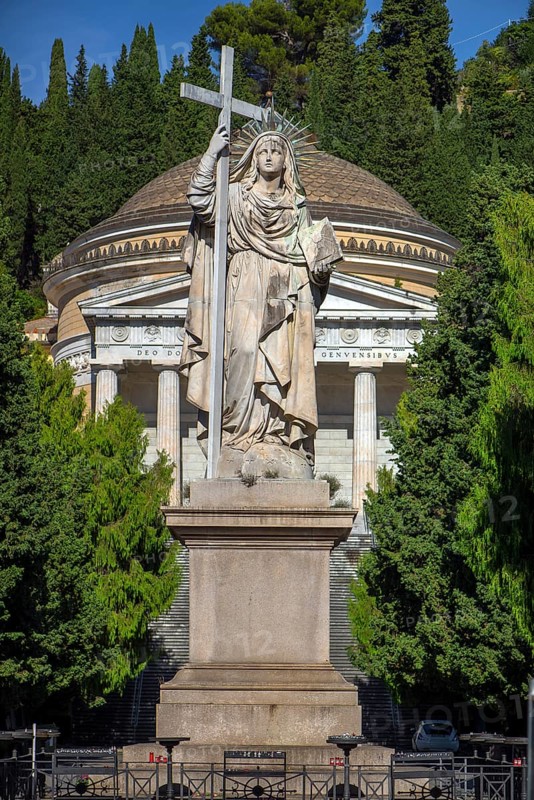 Large statue of a saint at the entrance to the Staglieno Monumental Cemetery, Cimitero Monumentale di Staglieno, Piazzale Giovanni Battista Resasco, Genoa, Italy, Europe