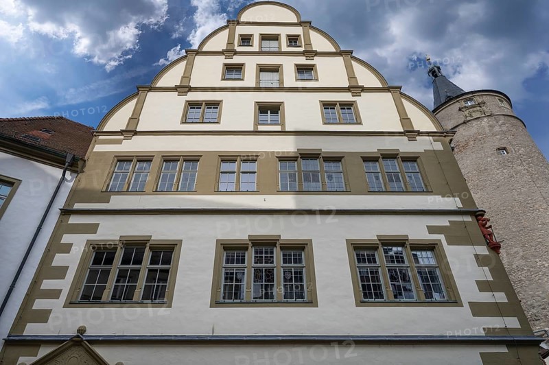 Gable of the town hall, built from 1561 to 1563 in Renaissance style, Kaiserstr. 13, Kitzingen, Lower Franconia, Bavaria, Germany, Europe