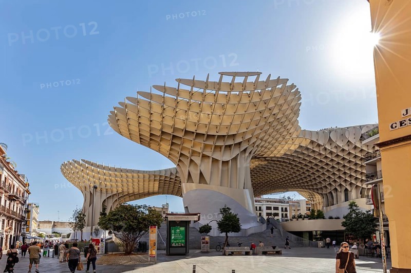 Impressive wooden structure Metropol Parasol in the sunlight on a city square, Seville