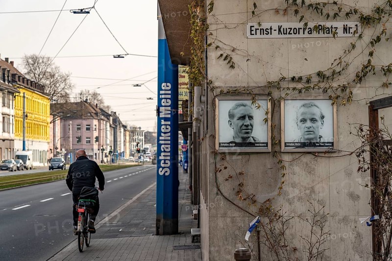 The Schalke Mile, Mile of Tradition, Kurt-Schumacher-Straße in Gelsenkirchen-Schalke, Ernst-Kuzorra-Platz, photos of Schalke legends, Gelsenkirchen, North Rhine-Westphalia, Germany, Europe